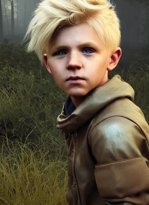 Image similar to ( ( ( ( ( hyperrealist cg of an epic fantasy blonde boy wearing thieves clothing ) ) ) ) ) by daniel f. gerhartz and matt stewart, fantasy, photorealistic, octane render, unreal engine, dynamic lighting, perfect factions, very detailed faces, trending on artstation, poster, volumetric lighting, 4 k, award winning