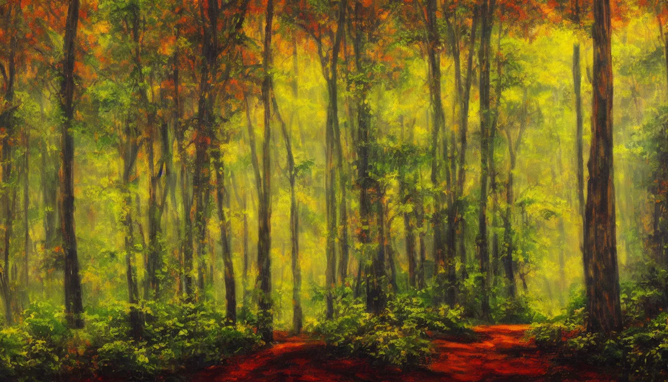 Prompt: a clearing in a forest painted by Bob Ross