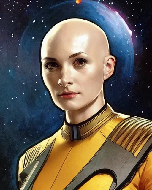 Image similar to a bald serbian!!! young woman as a star trek captain, a still from star trek painted by artgerm and greg rutkowski and alphonse mucha. clear highly detailed face, beautiful sci fi art