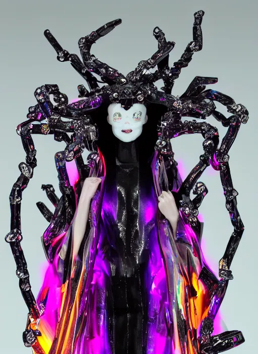 Prompt: photo of fullbodied baroque and bladerunner delicate neon diamond sculpture of seductive onyx albino marble prince zhengyang zhang dotado mint iridescent humanoid deity wearing black plastic trashbag hooded cloak holding hellfire skull in a onyx alien dungeon, reclining, glowing magenta face, crown of white diamonds, cinematic lighting, photorealistic, octane render 8 k depth of field 3 d