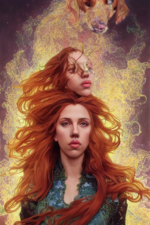 Image similar to celestial anthropomorphic irish setter scarlett johansson, by artgerm and yoshitaka amano and moebius and alphonse mucha, hyperdetailed, dc comics, ornate, nebula, explosions in the sky, trending on artstation