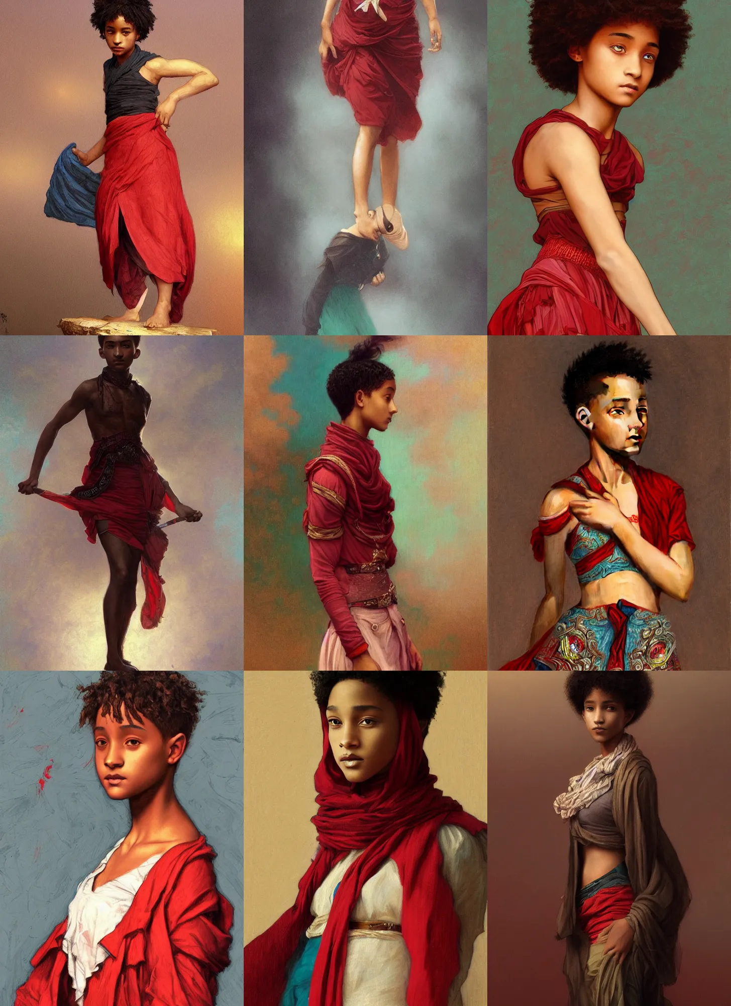 Prompt: jaden smith young libyan, red white teal skirt, very short haircut, intricate, dark, highly detailed, digital painting, artstation, concept art, smooth, sharp focus, illustration, orientalism, bouguereau, rutkowski, mucha