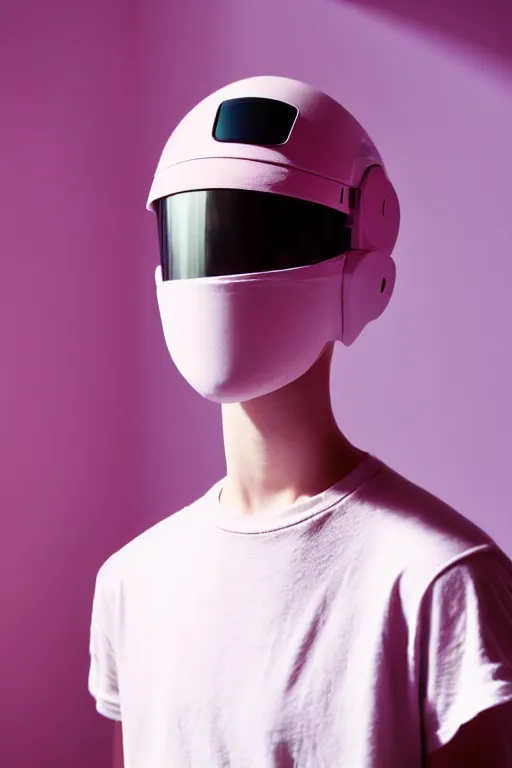 Image similar to a high definition film photograph of a normal androgynous robot human wearing a plain white t - shirt, in a pastel pink room. happy. visor covering eyes. crushed shadows.