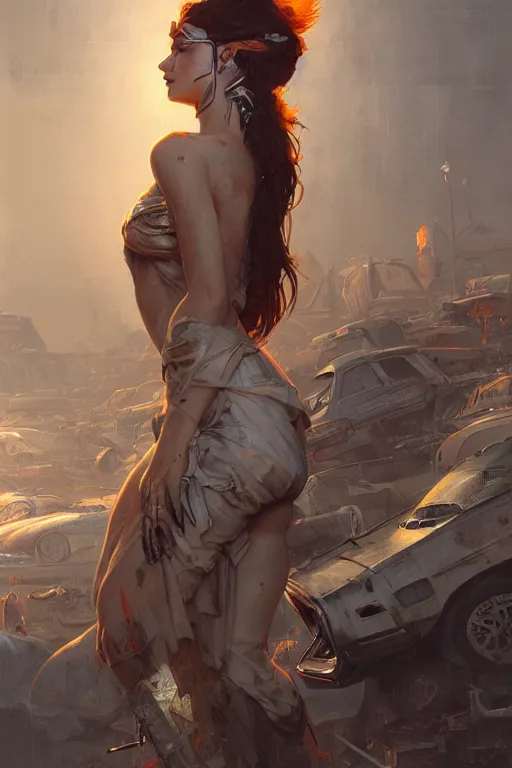 Image similar to goddess of the junkyard, highly detailed, digital painting, artstation, concept art, smooth, sharp focus, illustration, unreal engine 5, 8 k, art by artgerm and greg rutkowski and edgar maxence and el lissitzky