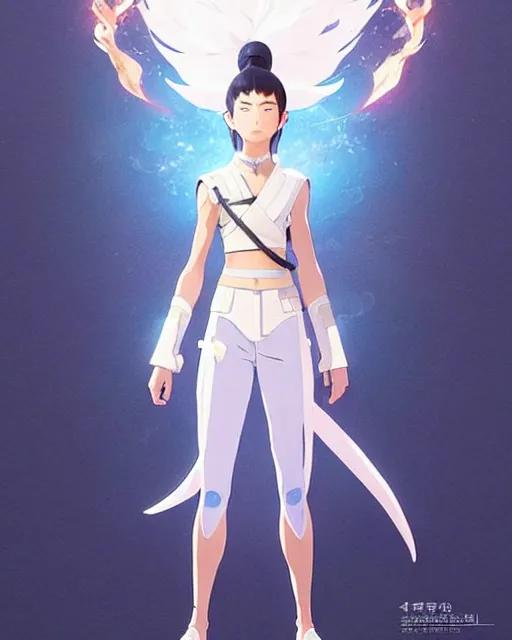 Prompt: azctec warrior, a south korean female, she wears a light blue jacket, white ponytail hair, detailed perfect face, exquisite details, fire magic, mid view, design on a white background, by studio muti, greg rutkowski makoto shinkai takashi takeuch studio ghibli