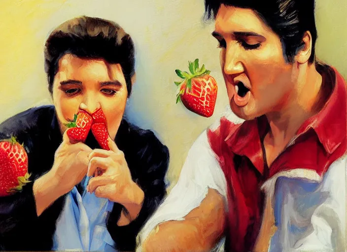 Image similar to a highly detailed beautiful portrait of elvis presley eating an strawberry, by gregory manchess, james gurney, james jean