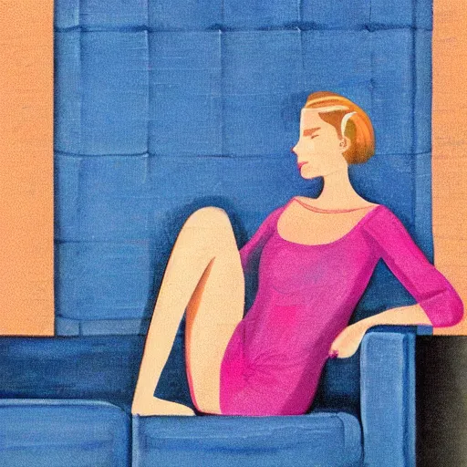 Image similar to slim australian woman with short attention span sitting on blue sofa. fantasy art.