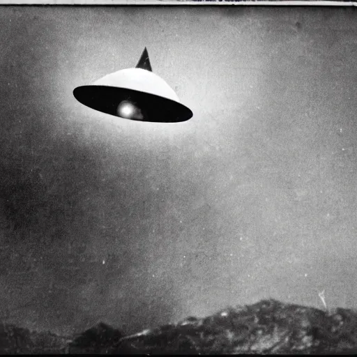 Prompt: found footage grainy black and photo of a ufo in 1920