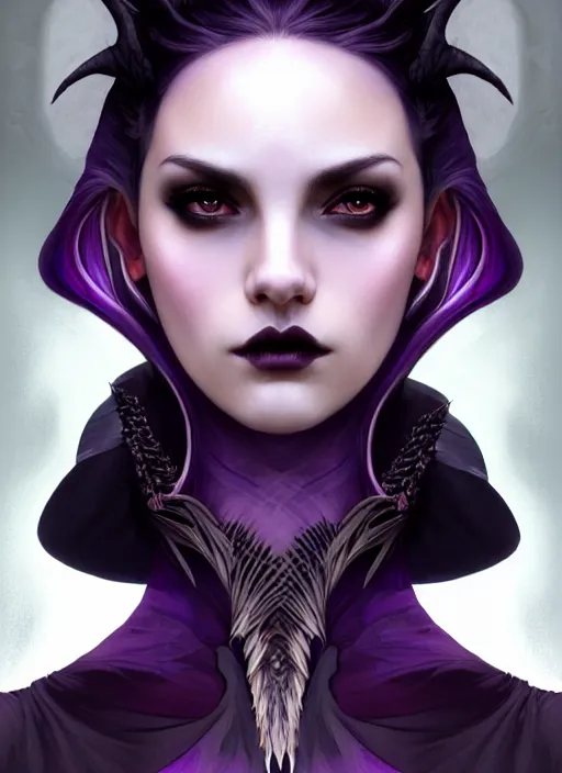 Image similar to symmetrical close up portrait dark witch, adventurer outfit large cloak, fantasy forest landscape, dragon scales, fantasy magic, undercut hairstyle, short purple black fade hair, dark light night, intricate, elegant, sharp focus, illustration, highly detailed, digital painting, concept art, matte, art by wlop and artgerm and greg rutkowski and alphonse mucha, masterpiece