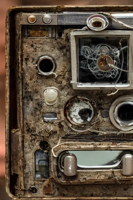 Image similar to A photo of a old 1960's device opened camera with film, vacuum tubes, capacitors and coils inside by Richard Kuiper and Steve McCurry, grungy, weathered Ultra detailed, hyper realistic, 4k