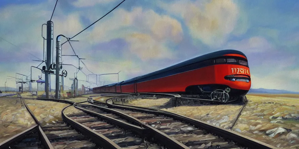 Image similar to oil painting of streamline train speeding. futurism. industrial revolution and progress.