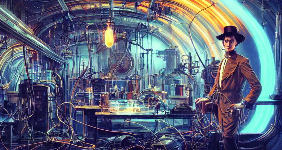 Prompt: nikolai tesla in his lab, electrical arcs, neon glow, highly detailed, digital art, intricate, dramatic lighting, steampunk, neon colors, cinematic, art by artgerm, greg rutkowski, syd mead