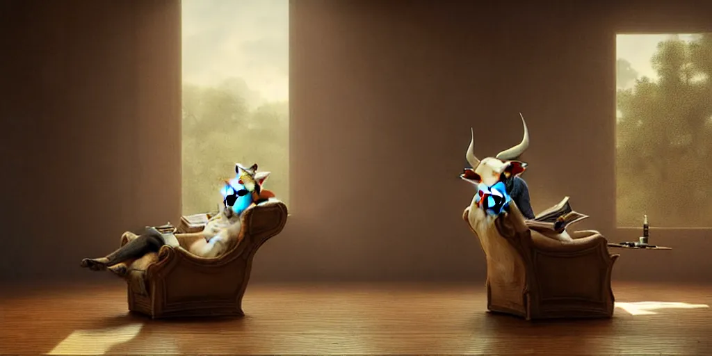 Prompt: a cow sitting in a luxury chair reading a book, digital art, fantasy art, octane render, ureal engine, high detail, very realistic, by greg rutkowski. by james gurney
