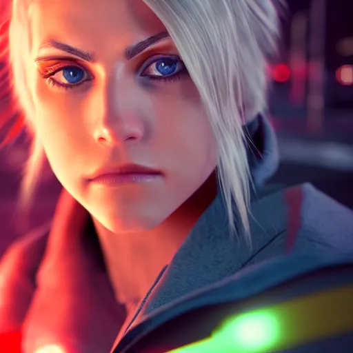 Prompt: Annie Leonhart in a neon city, octane render 8k, photorealistic render, atmospheric render, beautiful face, glare