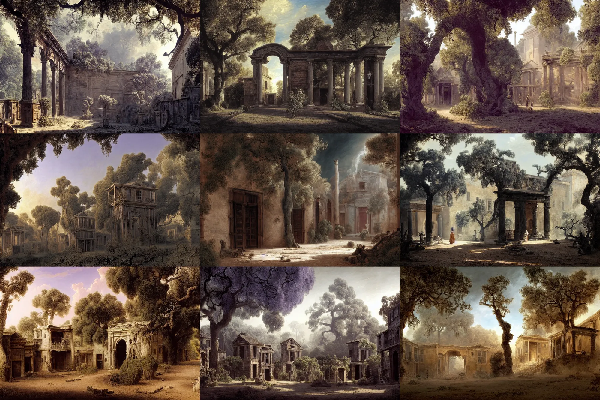 Prompt: colonial ghost town made of black marble with purple drapery, archways of dry trees, fountains of black ink, light dust, stoic, magnificent, hyperdetailed, theatrical, close up, masterpiece, painted by jean honore fragonard and greg rutkowski and rob alexander