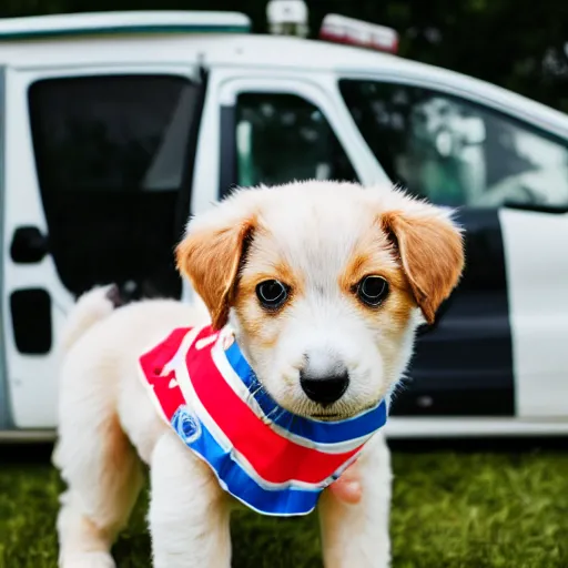 Prompt: a cute puppy wearing an ambulance costume, Canon EOS R3, f/1.4, ISO 200, 1/160s, 8K, RAW, unedited, symmetrical balance, in-frame