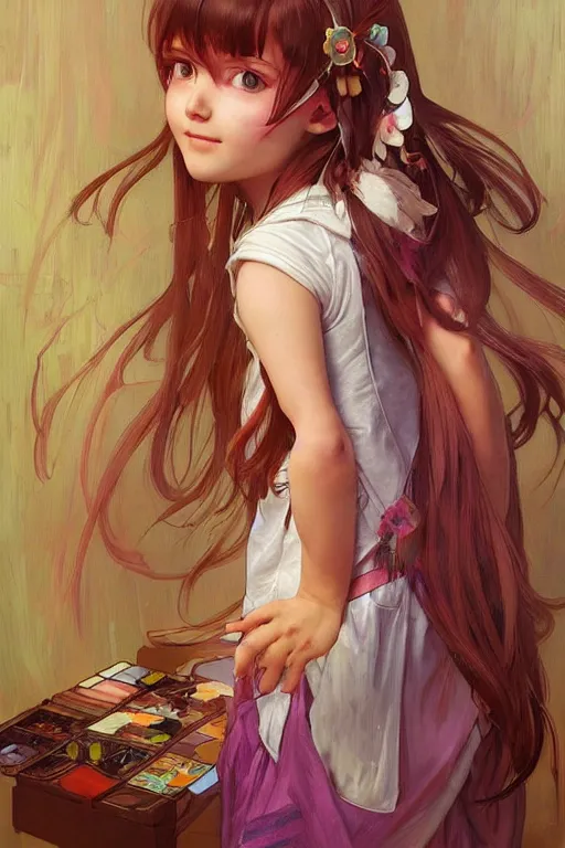 Image similar to a little gamergirl with a mischievous face and short!! light colorful straight hair. she is dressed as gamergirl in her room, painting, beautiful detailed face. by artgerm and greg rutkowski and alphonse mucha