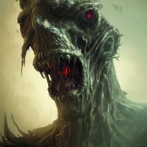 Image similar to portrait of a ghoul monster, feral, horrific, drawn by Ruan Jia, fantasy art, dramatic lighting, digital art,highly detailed