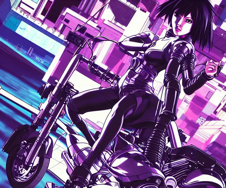 Image similar to motoko kusanagi riding a cyberpunk vehicle in a grungy cyberpunk megacity, bosozoku gang war, cyberpunk vaporwave, by phil jimenez, artgerm, sola digital arts, anti aliasing, raytracing