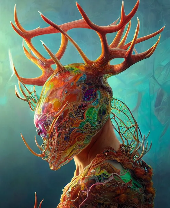 Image similar to intricate colorful transparent portrait of a terrifying beautiful alien sea creature, antlers, mottled coloring, adorable, childlike, anxiety environment, ultra realistic, concept art, art nouveau, photorealistic, octane render, 8 k, unreal engine. art by christopher marley and artgerm and greg rutkowski and alphonse mucha