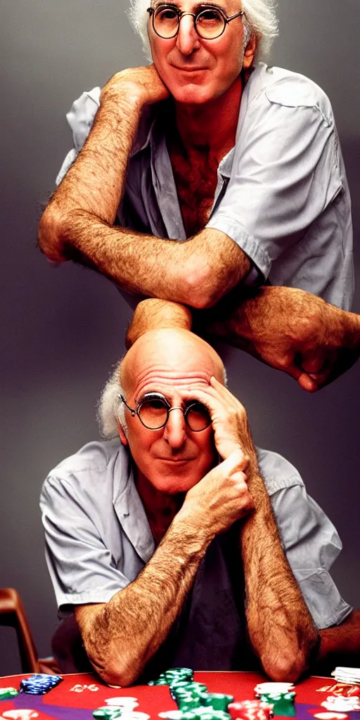 Prompt: award winning photo of larry david playing poker wearing thong, vivid colors, happy, symmetrical face, beautiful eyes, studio lighting, wide shot art by Sally Mann & Arnold Newman