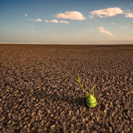 Image similar to a single lone sprout grows in a barren desert, the horizon is visible in the background, low angle 8k HD nature photo