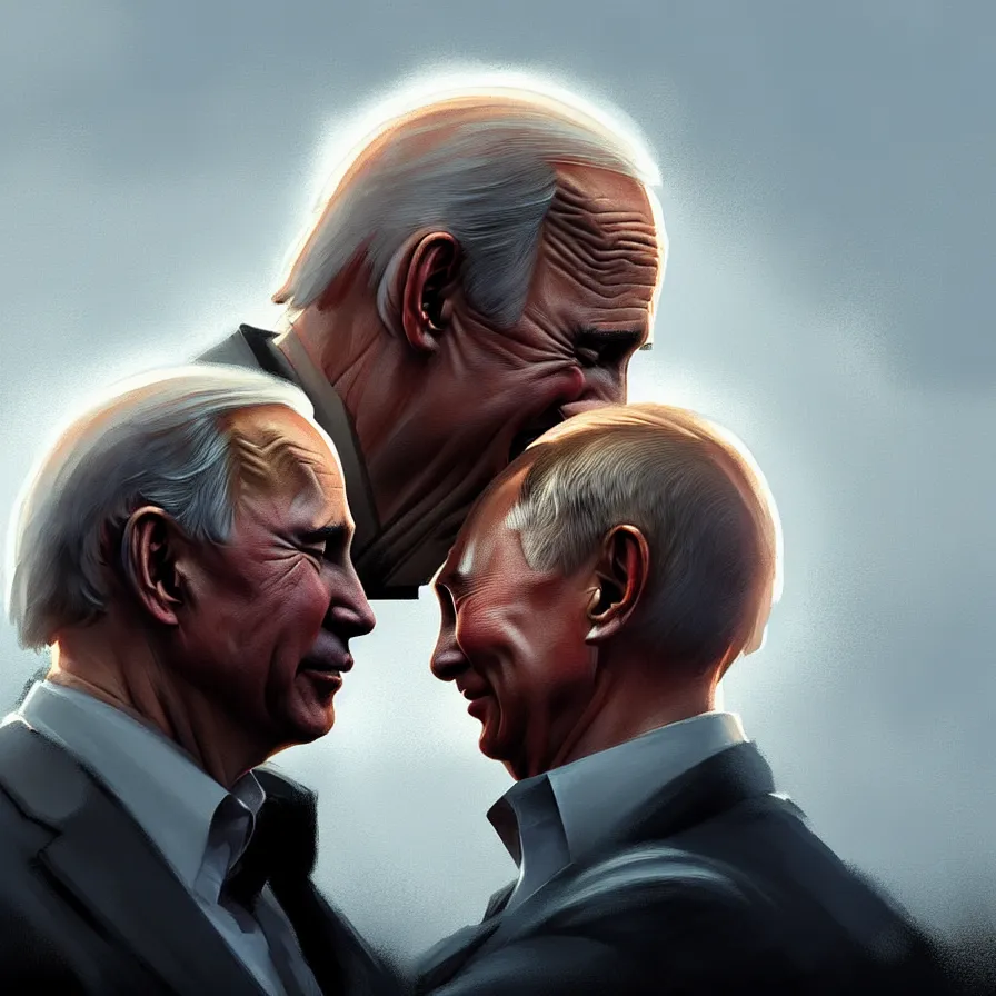 Prompt: putin kisses biden, detailed digital art by greg rutkowski.