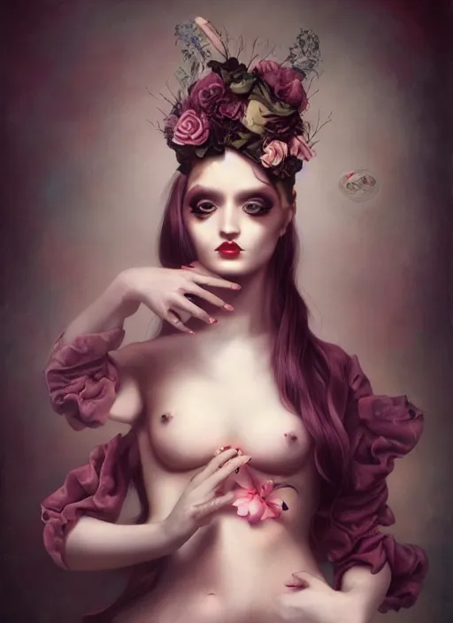 Image similar to pop surrealism, lowbrow art, realistic seductive woman painting, body harness, hyper realism, muted colours, rococo, natalie shau, loreta lux, tom bagshaw, mark ryden, trevor brown style,