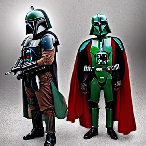 Image similar to boba fett and darth vader standing proudly shoulder to shoulder