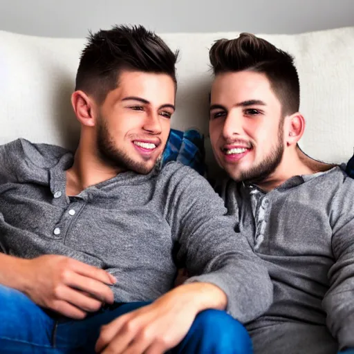 Image similar to two very handsome young men are cuddling on the couch