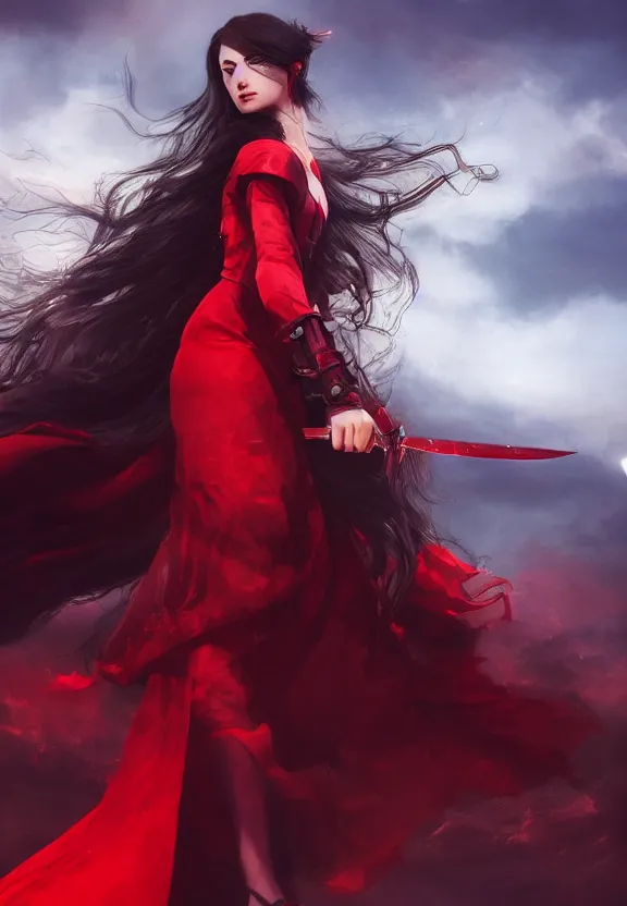 Image similar to a beautiful fierce long black haired woman wearing red dress wielding black sword posing gracefully heroically, heavenly moonlit clouds background, close up shot, artstation, extremely detailed woman, stunning volumetric lighting, hyper realism, fantasy 4k