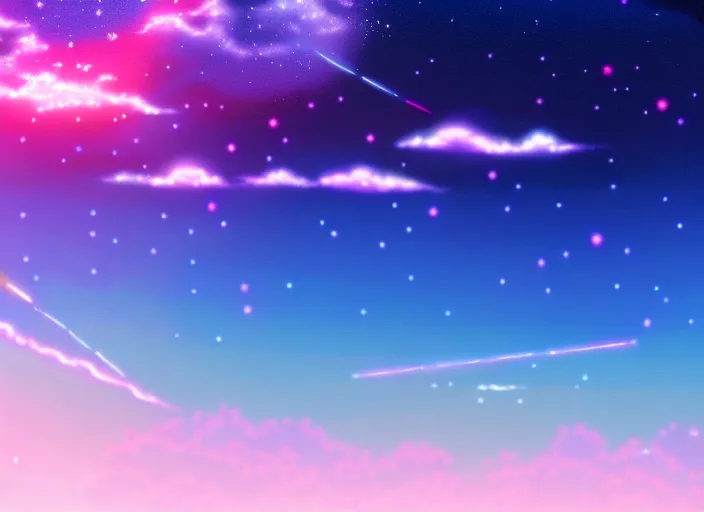 Prompt: pink and blue night sky, japanese anime, Your Name movie style, comet in sky, main character standing looking at sky, wallpaper, 4k, 8k, digital art