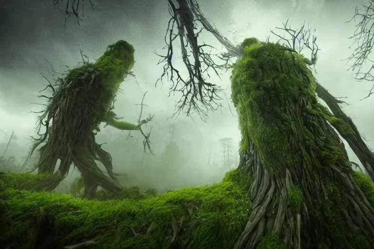 Prompt: a angry titan giant made of trees and moss towering over a city, ambient lighting, mist, photograph, taken by camera, scary,