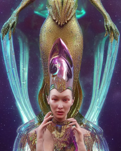 Image similar to a highly detailed metahuman 4 k close up render of an alien goddess bella hadid monument persephone in iris van herpen dress schiaparelli in diamonds crystals swarovski and jewelry iridescent in style of alphonse mucha gustav klimt trending on artstation made in unreal engine 4