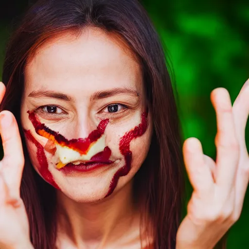 Prompt: A woman with a strip of bacon on her forehead smiles at the camera and makes a peace sign, photo, 4k