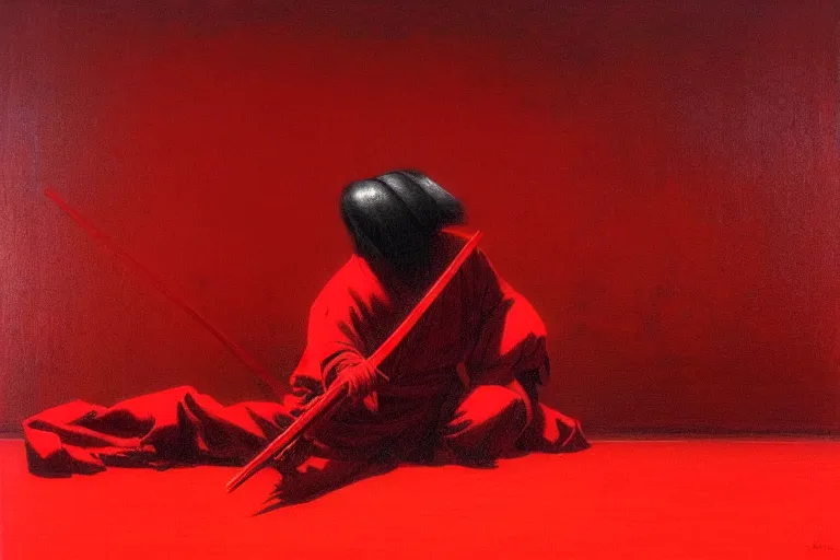 Image similar to only with red, a red samurai do seppuku, tokio, a lot of frogs watch, in the style of beksinski, parts by edward hopper, parts by rodcenko, parts by yue minjun, intricate and epic composition, red by caravaggio, insanely quality, highly detailed, masterpiece, red light, artstation, 4 k