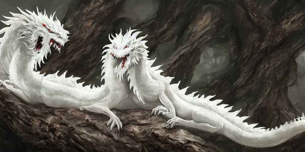 Prompt: a white chinese dragon lie on a old tree, 4 k, matte paint, concept art, sharp detail, artstation