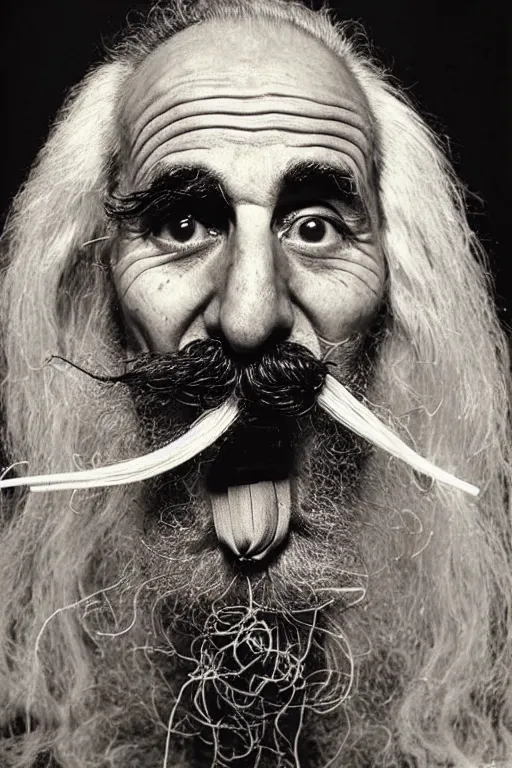 Image similar to extremely detailed portrait of old italian cook, spaghetti mustache, slurping spaghetti, spaghetti in the nostrils, spaghetti hair, spaghetti beard, huge surprised eyes, shocked expression, scarf made from spaghetti, full frame, award winning photo by herb ritts