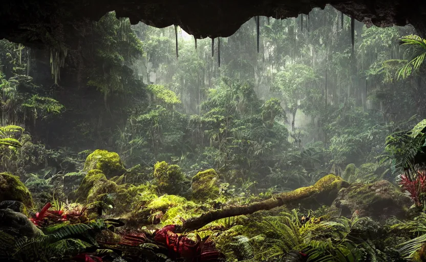 Image similar to a beautiful render of a dark prehistoric rainforest in a humongous cave, lush flora, patches of yellowish - red - magenta sky, sunset lighting, military industrial complex, intricate detail, hazy, humid, volumetric lighting, god rays, 8 k, photorealistic, raytracing effects, unreal engine 5