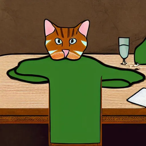 Prompt: digital art of ginger striped cat sitting at a table playing cards with an ox dressed in a green suede suit