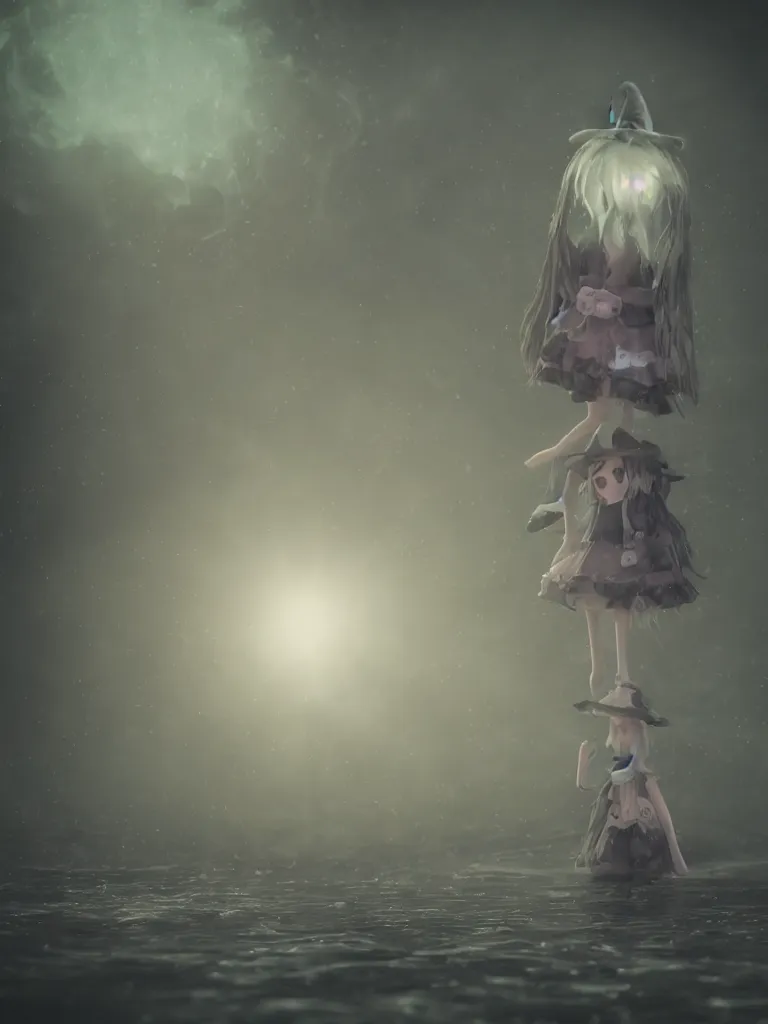 Image similar to cute fumo plush girl witch standing in reflective murky ghastly river water, otherworldly gothic horror maiden in tattered cloth, hazy heavy swirling murky volumetric fog and smoke, moonglow, lens flare, vray