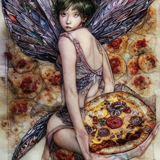 Image similar to fairy girl with wings made of pizza slices, watercolor, pen and ink, intricate line drawings, by Yoshitaka Amano, Ruan Jia, Kentaro Miura, Artgerm, detailed, trending on artstation, hd, masterpiece,