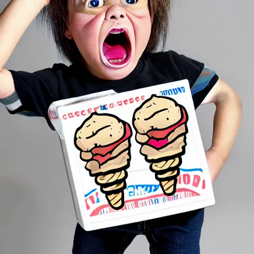 Image similar to screaming chucky doll ice cream box logo