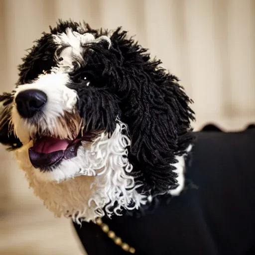 Image similar to a closeup photorealistic photograph of a cute smiling knitted bernedoodle judge dog dressed in a black gown, presiding over the courthouse. indoor image, professional capture, well lit shot. this 4 k hd image is trending on artstation, featured on behance, well - rendered, extra crisp, features intricate detail, epic composition and the style of unreal engine.