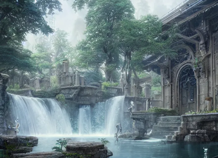 Prompt: A bathhouse with flowing water in a beautiful elven city made of white marble, anime, lush trees, fountain, a fantasy digital painting by Greg Rutkowski and James Gurney, trending on Artstation, highly detailed