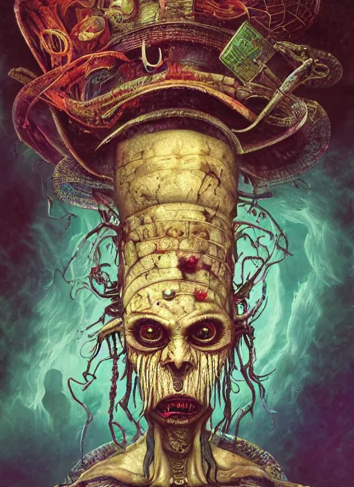 Prompt: mad hatter, mayan god, alien, highly detailed, cinematic, 8 k, by megan duncanson, benjamin lacombe, adrian borda, stanley artgermm, tom bagshaw, craig mullins, carne griffiths, ayami kojima, beksinski, giger, trending on deviantart, hyper detailed, horror, full of colour