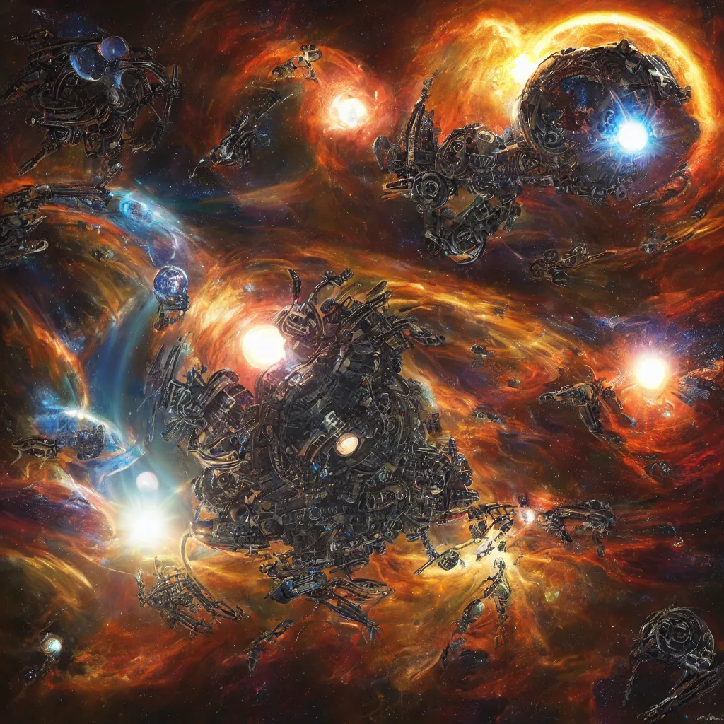 Image similar to mechanical alien god attacking planets in space, art by mark cooper, 8 k, hyper detailed, hdr, intricate, masterpiece