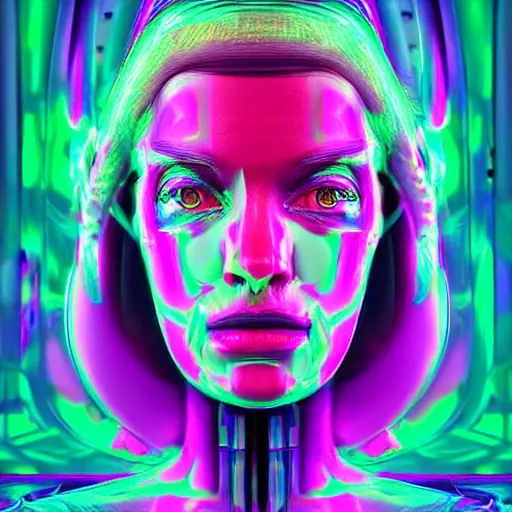 Image similar to chromatic 3d ultra realistic cyborg woman in psychedellic mirror environment digital art in synthwave style