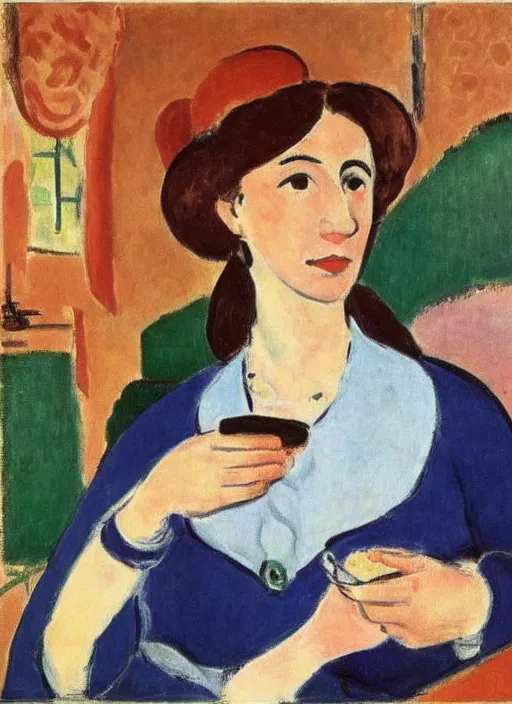 Prompt: jewish woman drinks coffee at a sunlit cafe, calm and content, portrait, by henri matisse, high quality