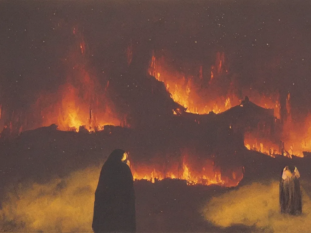 Prompt: Woman looking at her home burning. Charred wood beams, thick smoke. Melancholic landscape, stars. Painting by Georges de la Tour, Roger Dean